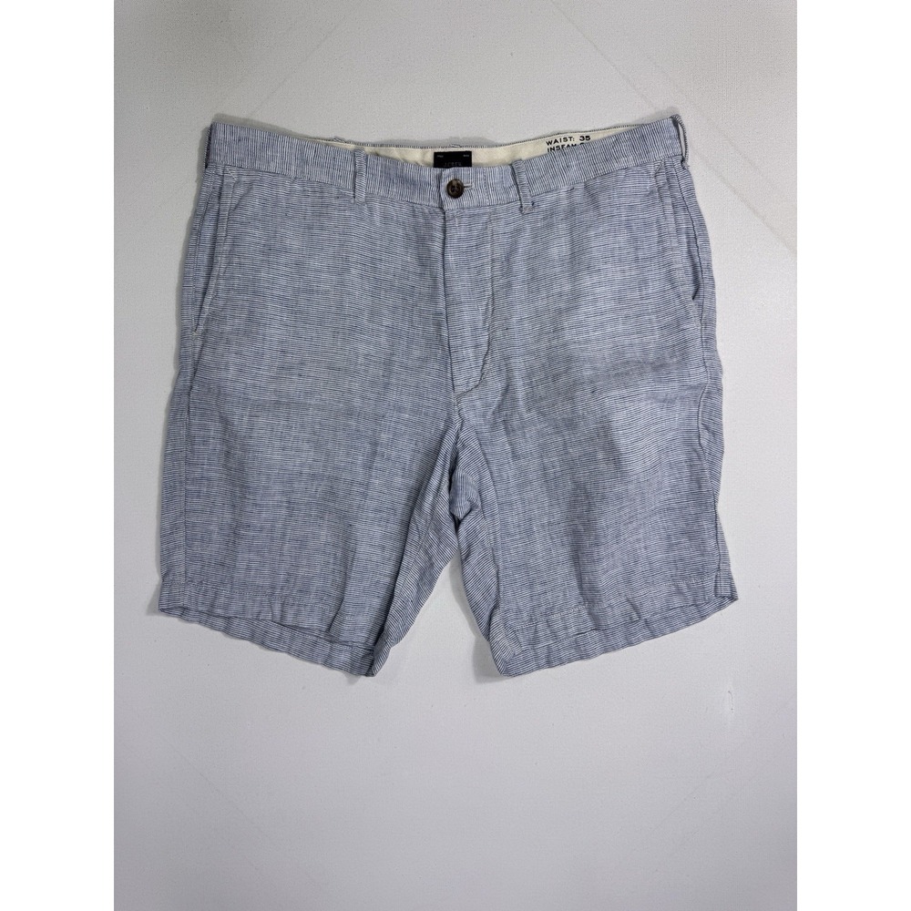 J Crew 100% Linen Shorts Men's 35x9 (37x9.5) Blue White Striped Resort Beach